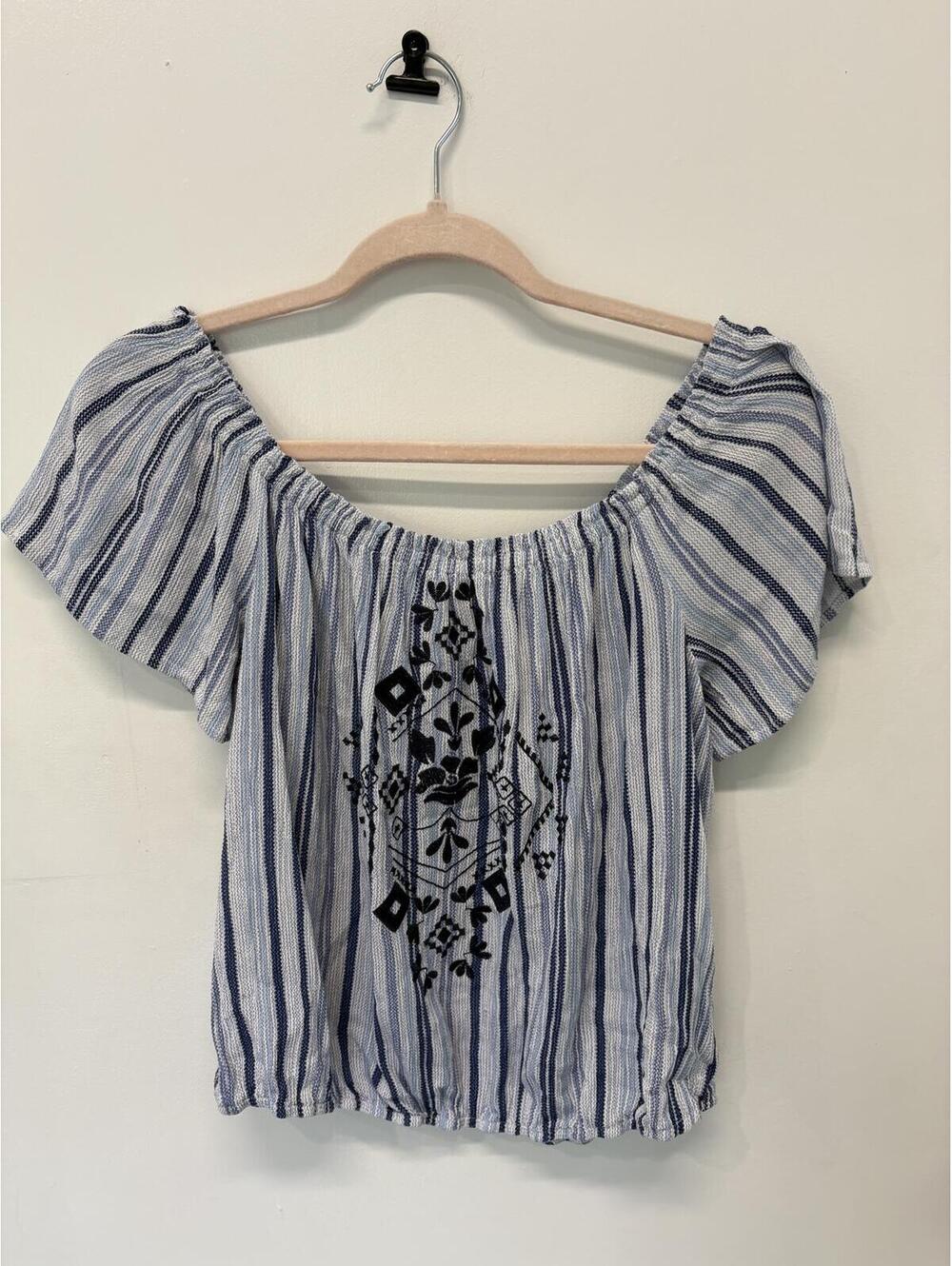 Eyeshadow Women's Blue and White Striped Off-Shoulder Top with Embroidery, Size